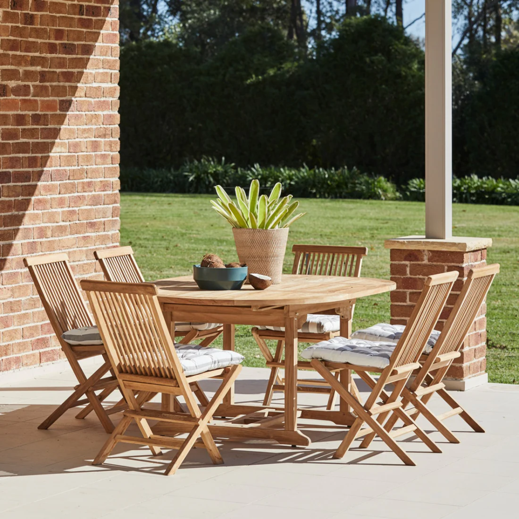“Classic Teak Round Outdoor Dining Set” by All Seasons Furniture