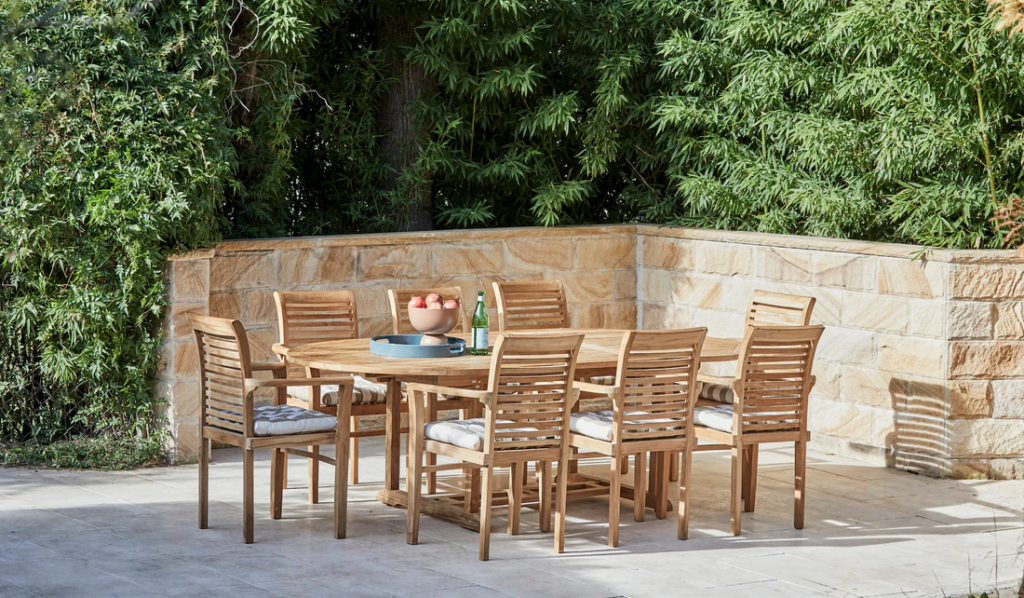 “Blaxland Outdoor Oval Teak Dining Table” by All Seasons Furniture
