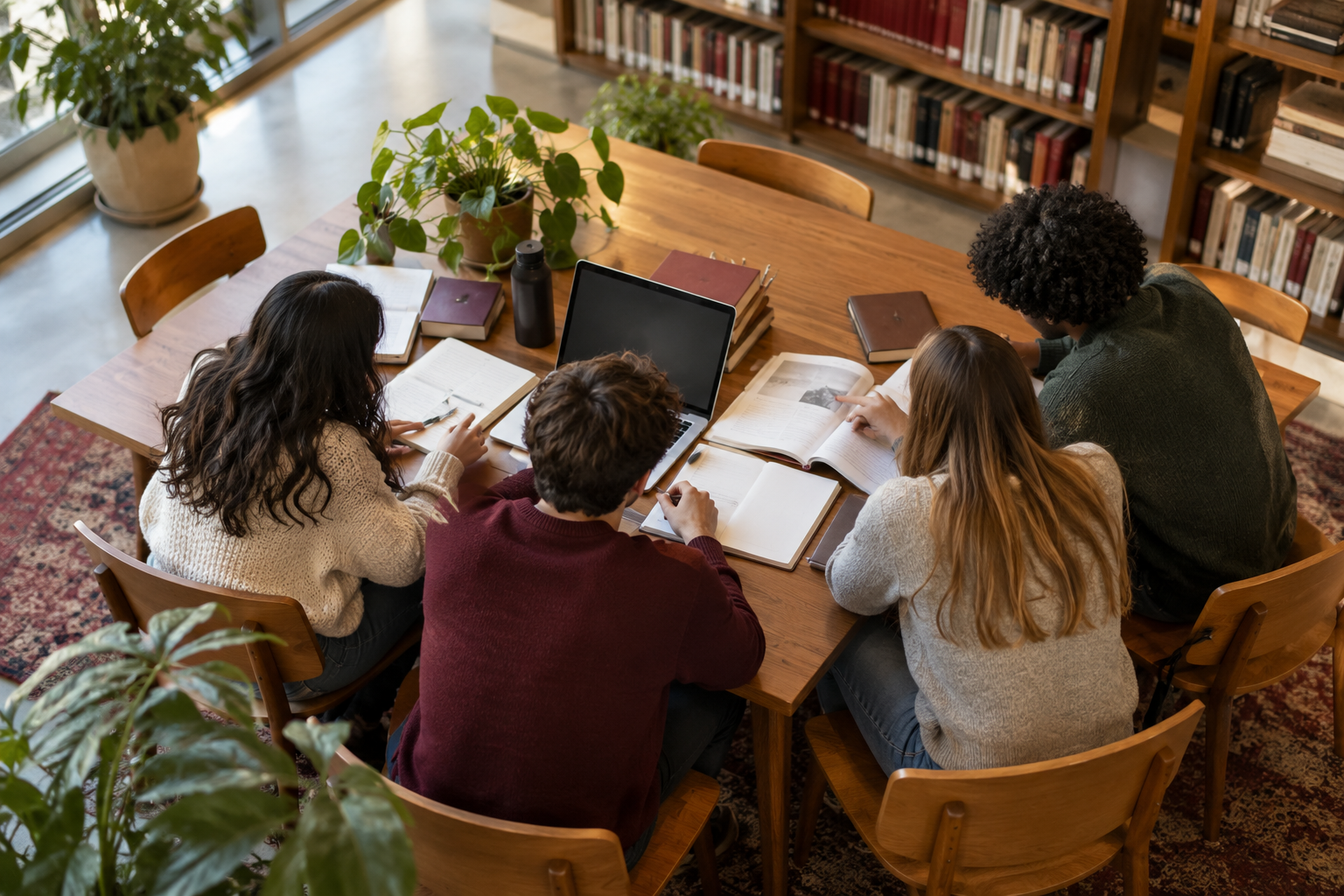A group working on a shared plan from an overhead view
