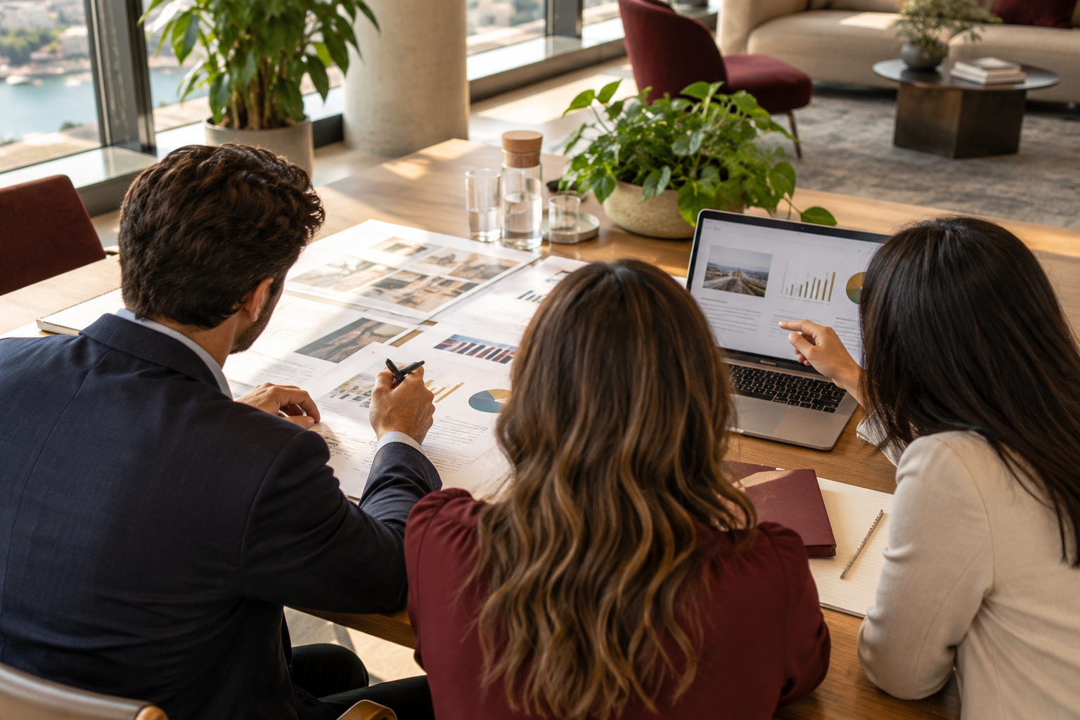 Colleagues reviewing plans together, photographed over their shoulders