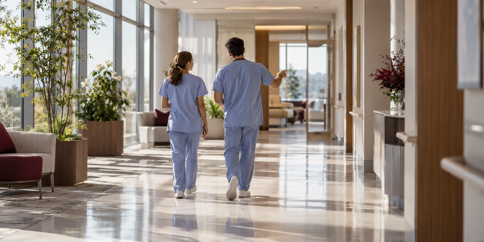 Healthcare colleagues walking through a bright hospital corridor, seen from behind