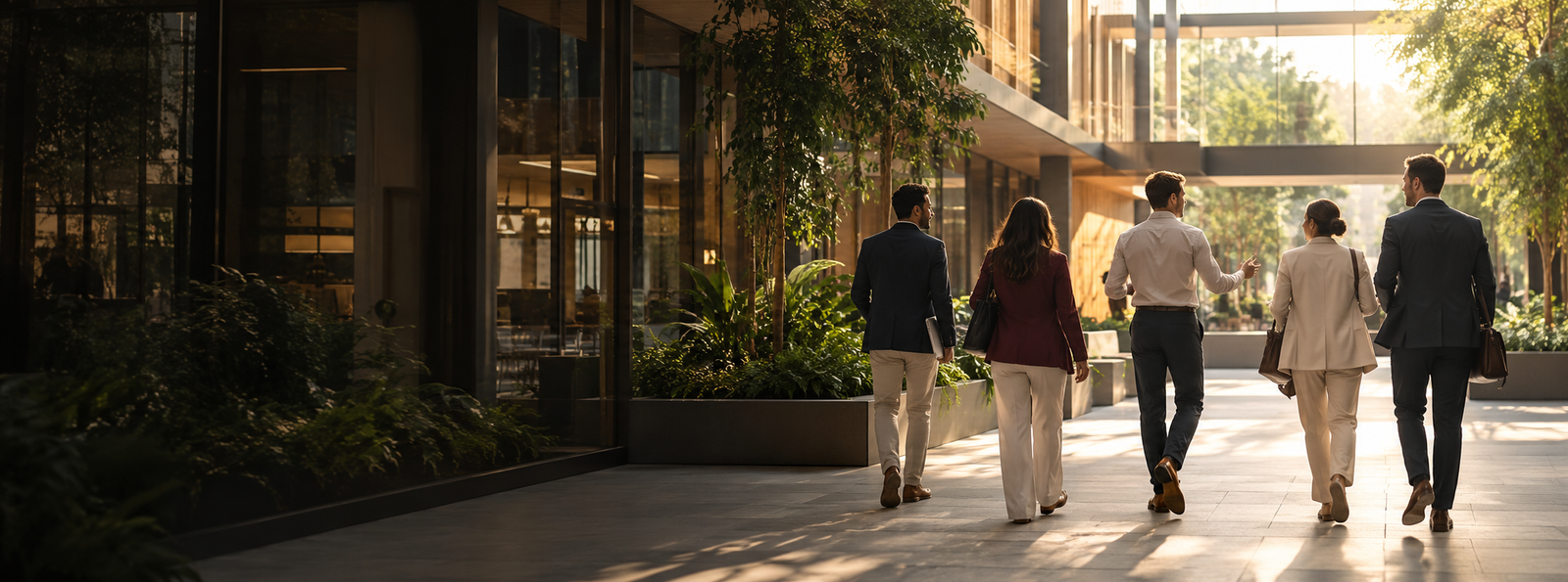 Colleagues walking together toward a sunlit workspace, photographed from behind