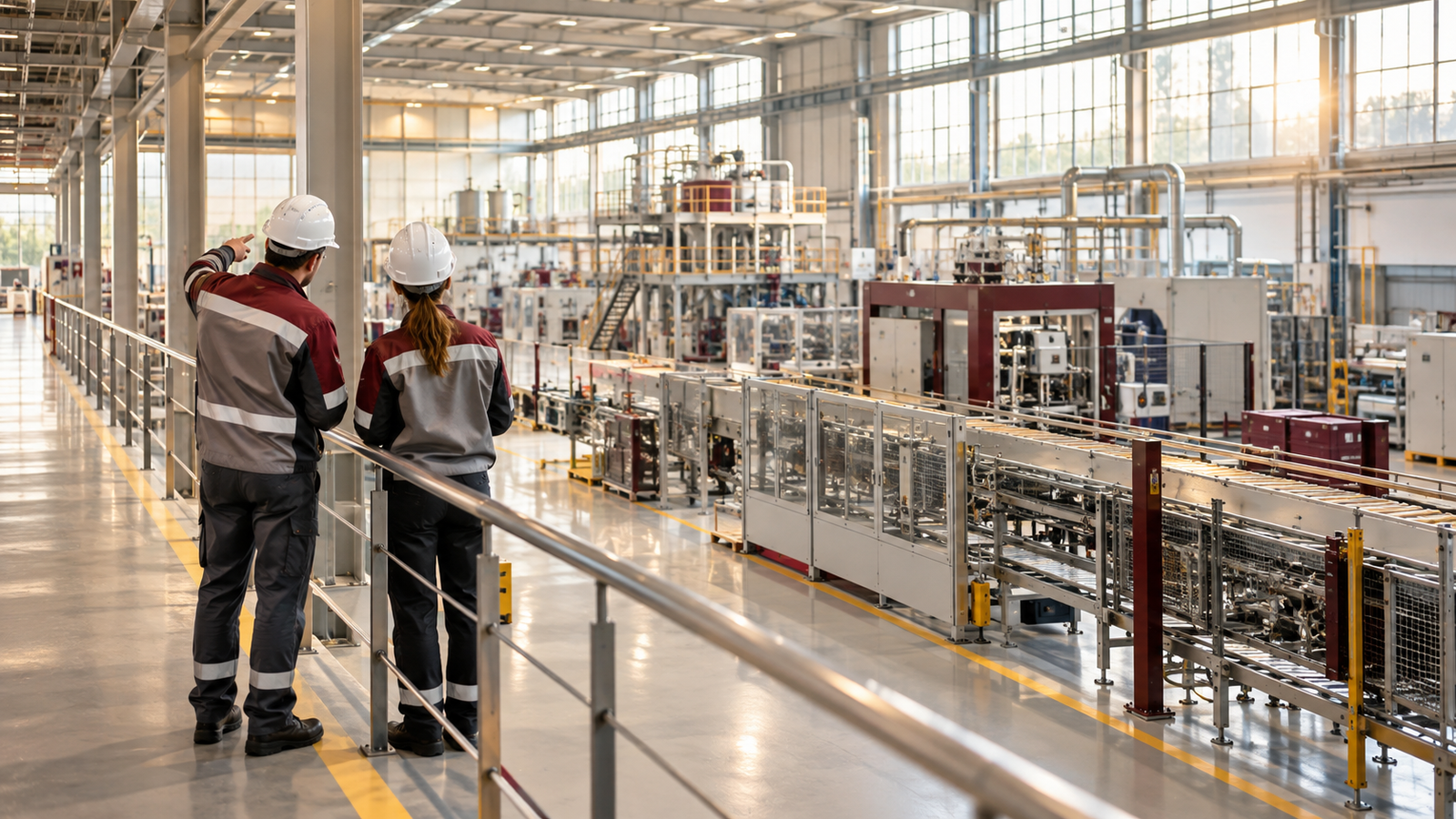 Engineers looking at production equipment together, viewed from behind