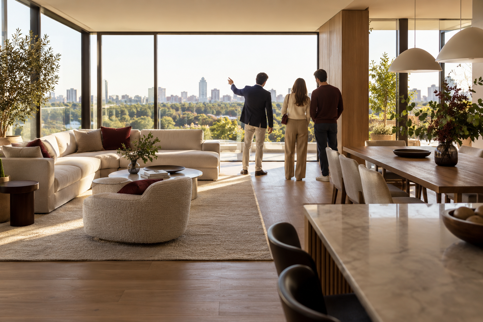 A property advisor showing a bright interior to visitors, photographed from behind