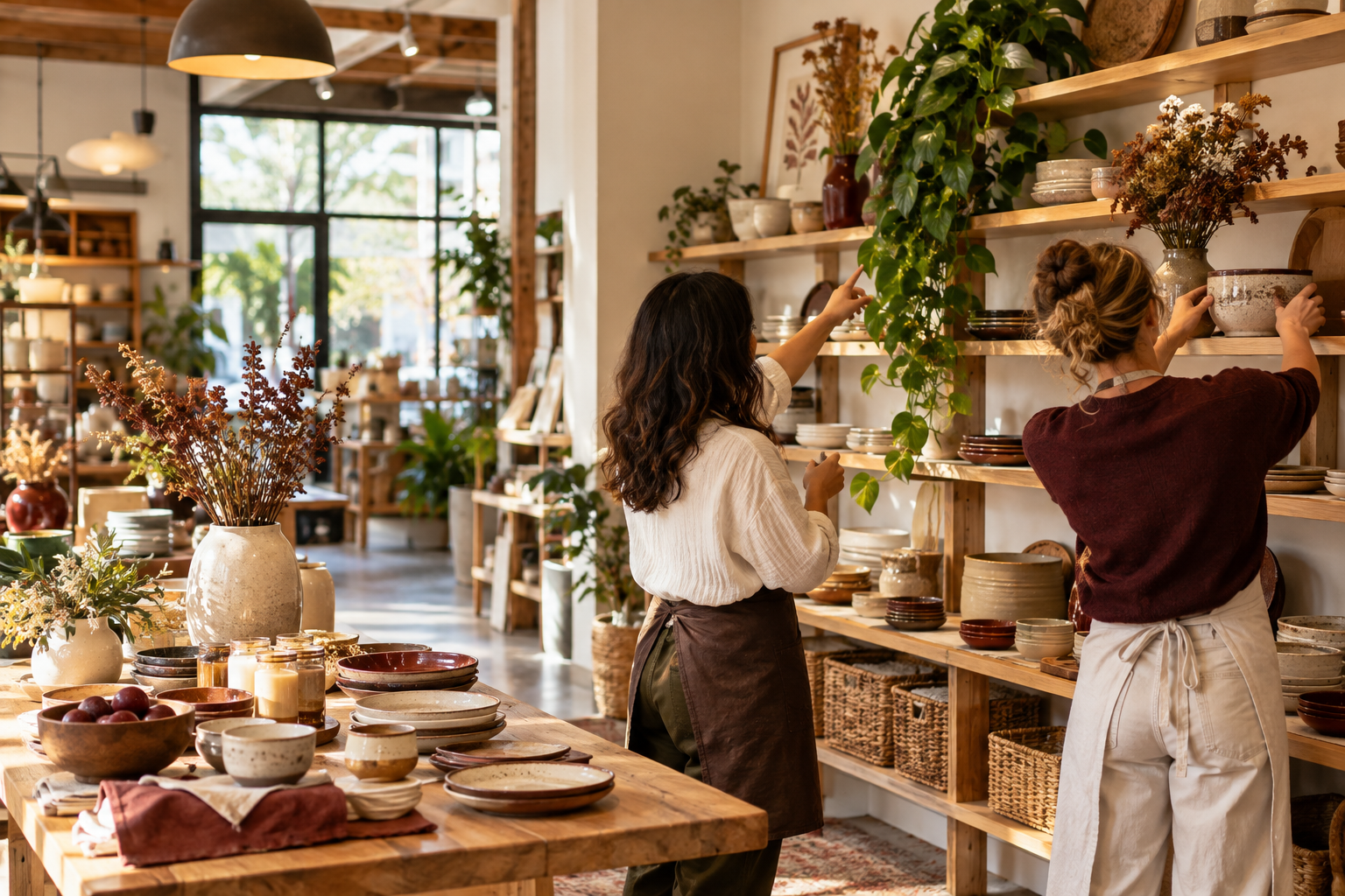 People creating something useful together in a bright shop setting